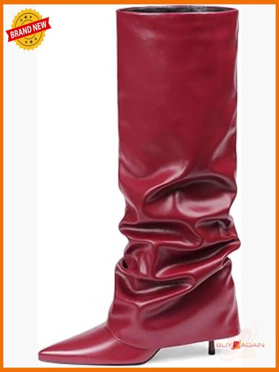 Shoes - Knee High Stiletto Heel Boots Fold Over Slouchy Tall Boots Pointed Toe